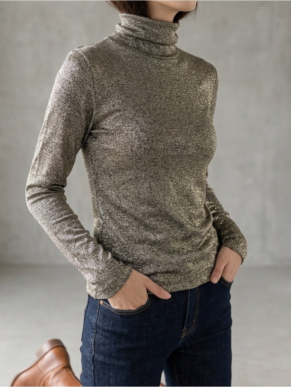 Dries van Noten Silk Metallic Gold Turtleneck Long-Sleeve Top N129-14